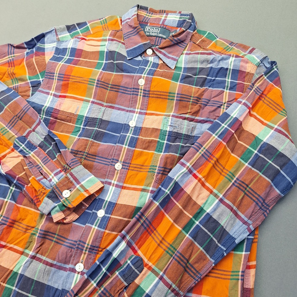Polo Ralph Lauren Mens Medium Plaid Button Down Shirt Orange Blue Cotton 1381